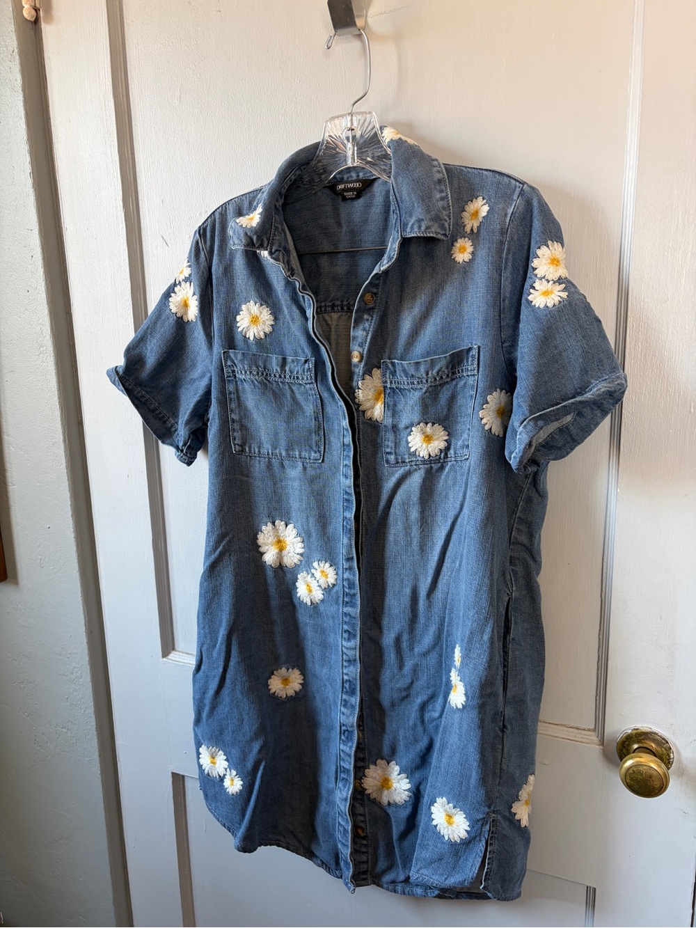 DRIFTWOOD Blue Denim Midi Dress with White & Yellow Daisy Embroidery 7-05
